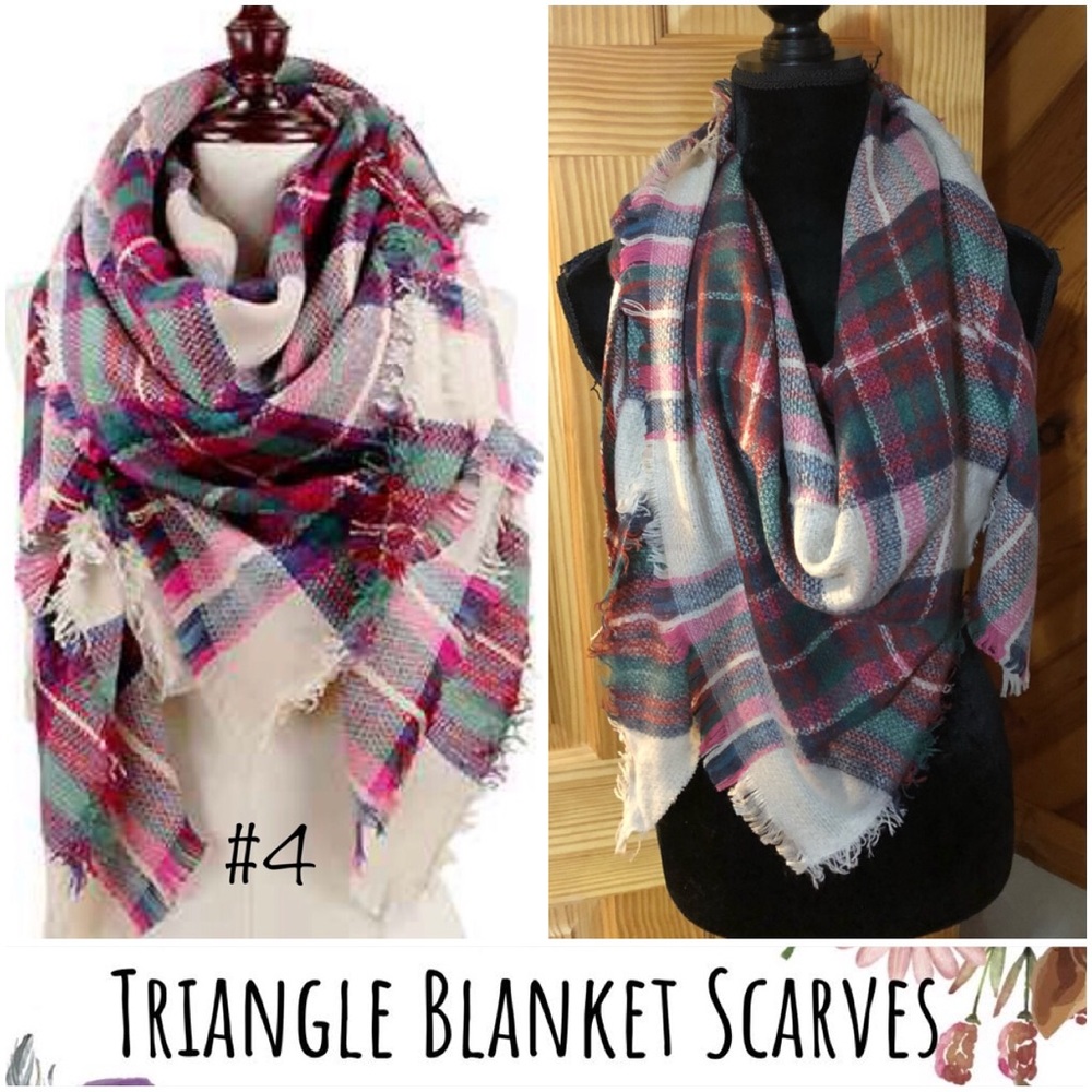 Pink/Green/Beige Plaid Triangle Blanket Scarf